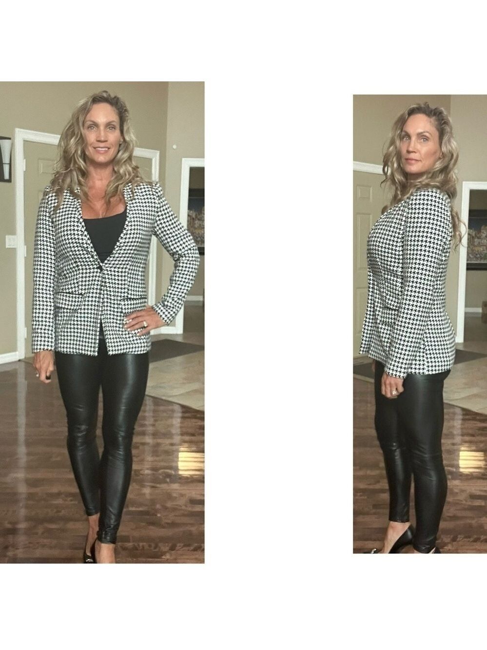T Tahari black white houndstooth single breasted blazer classy Sz 10